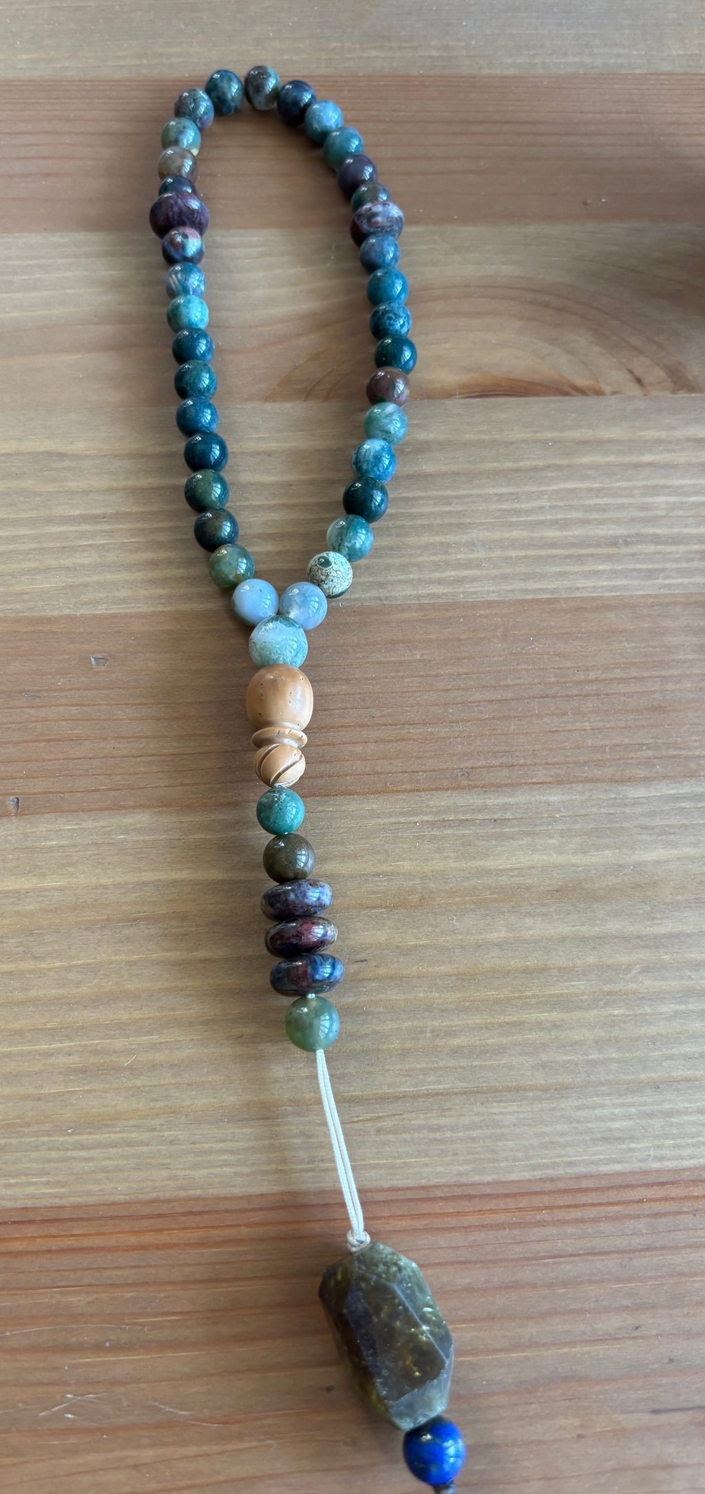 Moss Agate, green garnet & Pietersite prayer beads